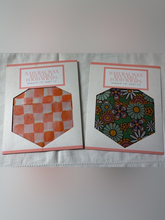 Other - Natural Reusable Food Wraps - Orange Checker & Floral Patterns 2-Med & 2-Small